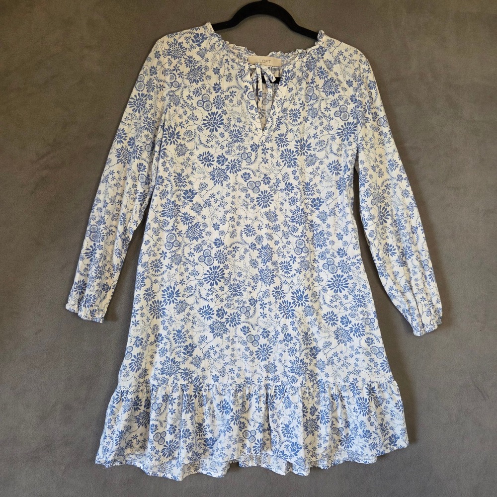 LOFT Floral Ruffle Dress Women Small Boho Cottagecore Peasant Casual Coastal